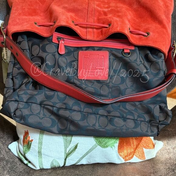 VINTAGE COACH #9478 DRAWSTRING VERMILLION SUEDE LEATHER BRASS HANGTAG EVC RARE - Picture 15 of 16